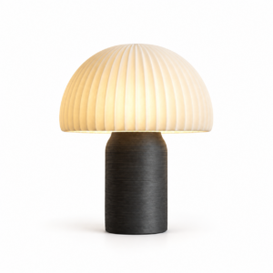 Example ivory and charcoal 3D-printed lamp on white; AI-generated concept